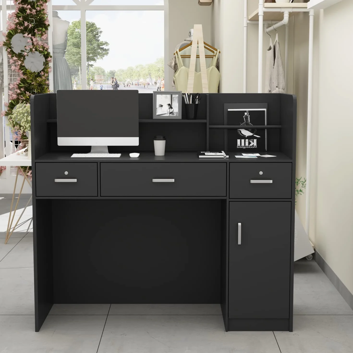 Banco e reception mobili da ufficio con 3 cassetti e 1 armadio, 110 x 120 x 48 cm, nero