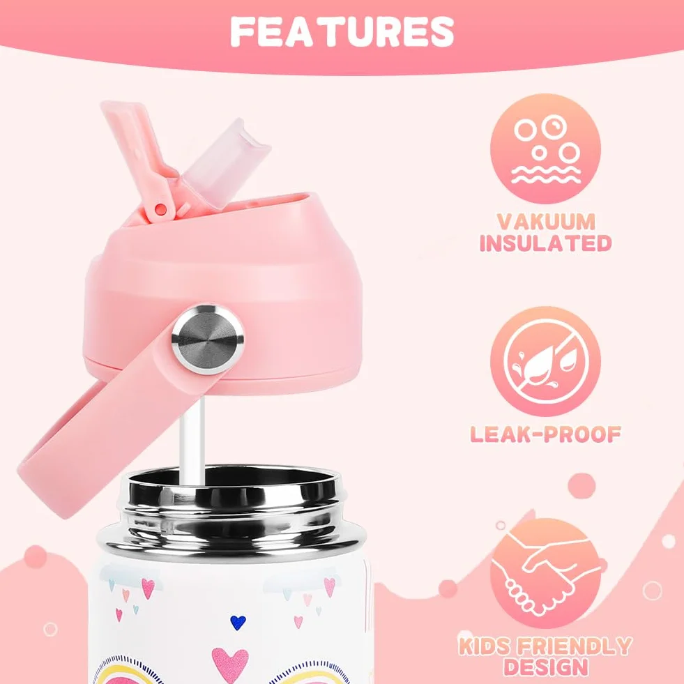 Borraccia Bambini Acciaio Inox 350ml Termica Senza BPA Cannuccia