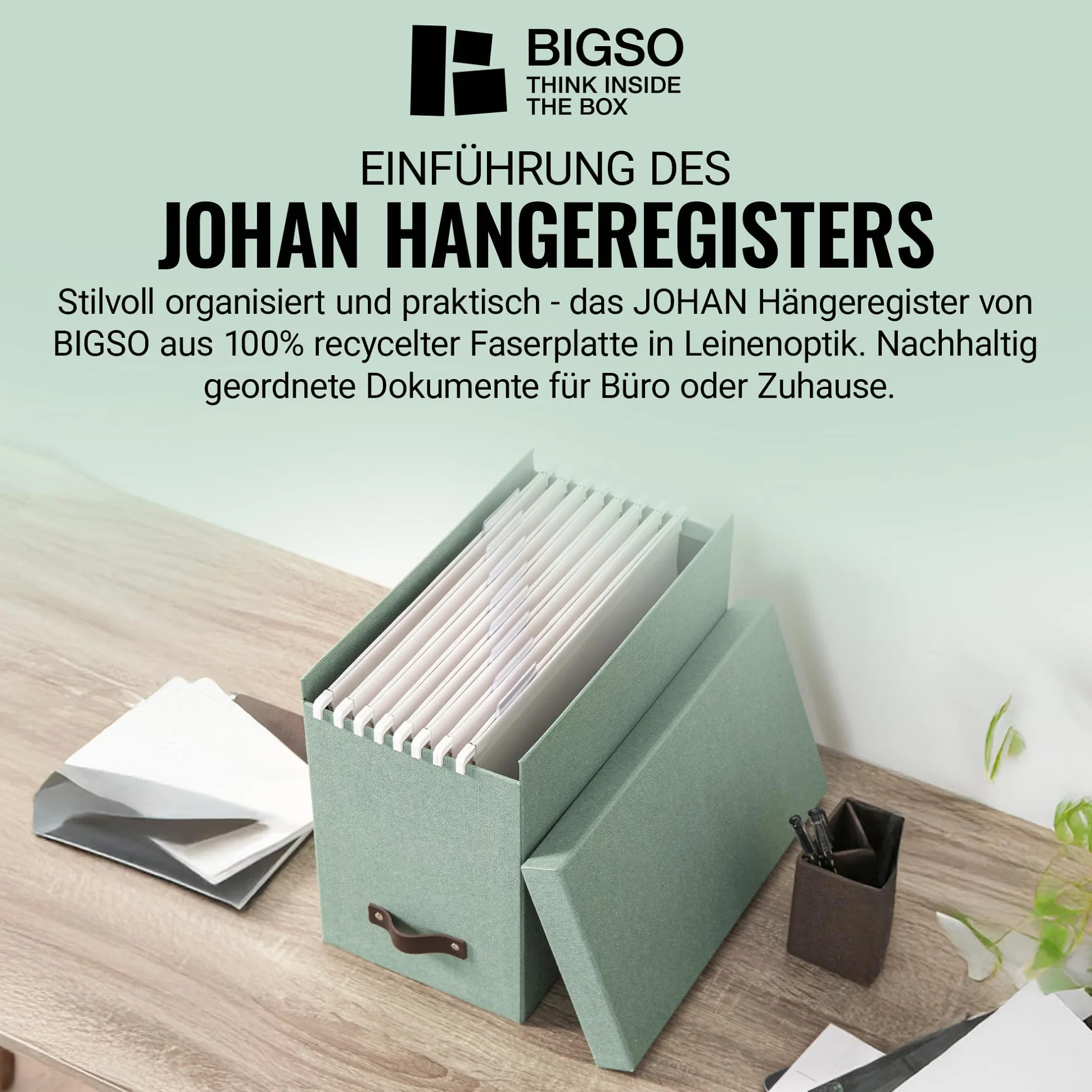 BIGSO JOHAN Scatola per cartelle sospese con coperchio, elegante scatola per archivio con 8 raccoglitori sospesi, scatola per cartelle sospese in fibra e carta in elegante effetto lino, verde menta
