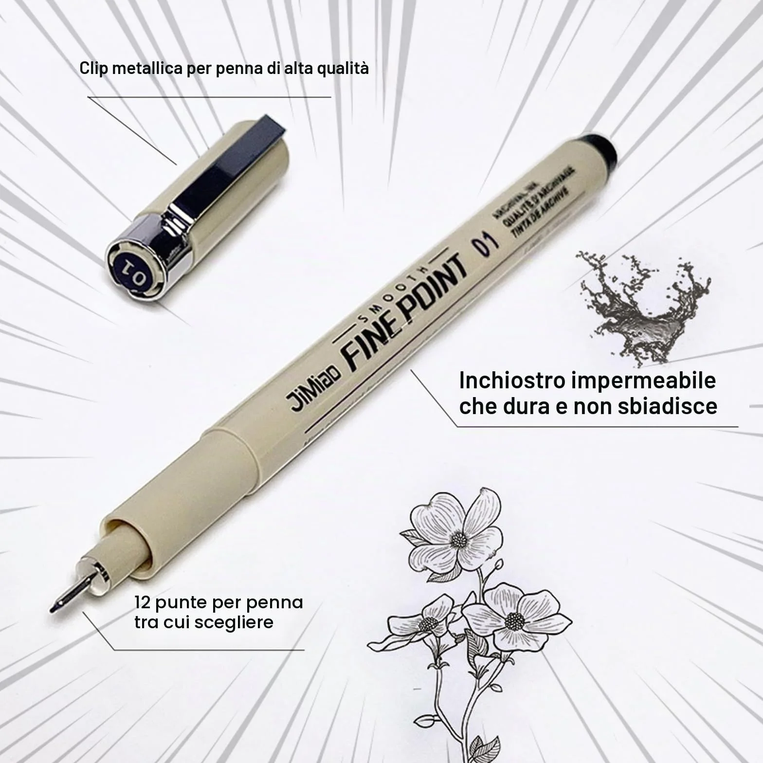 Set di 12 penne fineliner Rierousy Micron nero impermeabili per illustrazioni schizzi