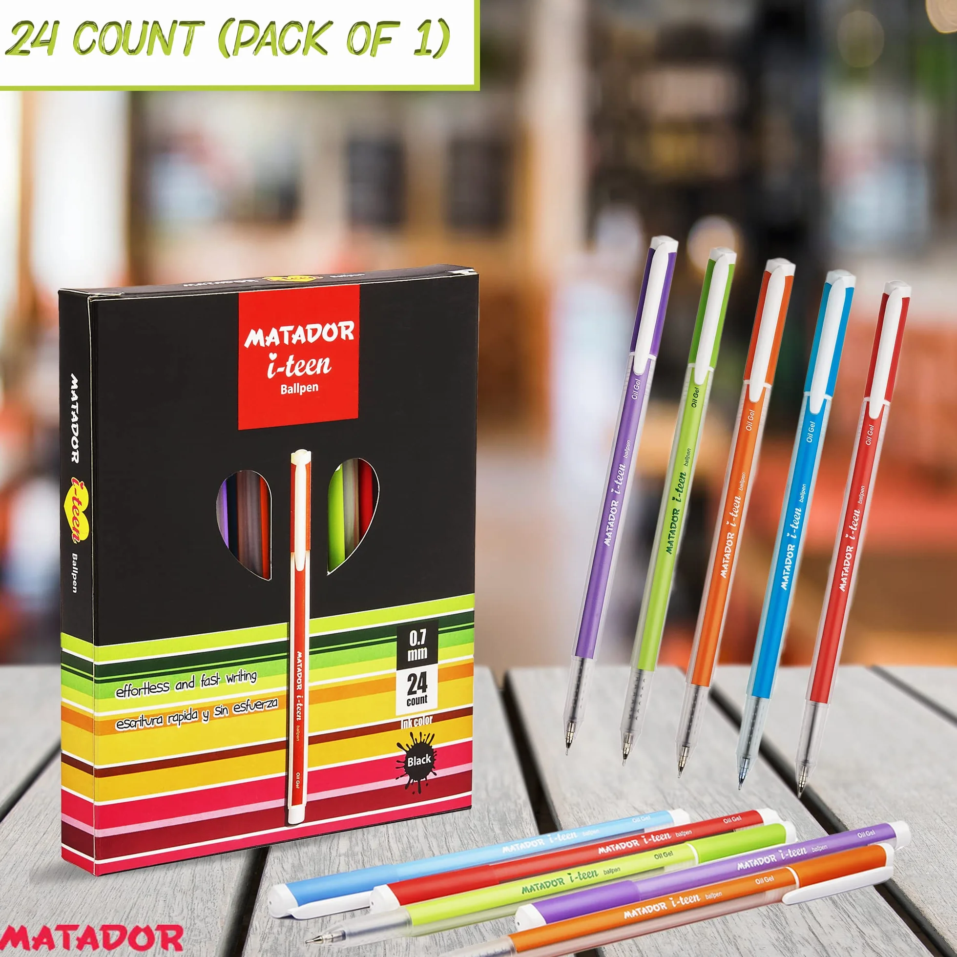 Matador i-teen - Penna a sfera a punta fine (0,7 mm), inchiostro nero, design elegante e accattivante, offre linee forti e vivaci, 24 conti.