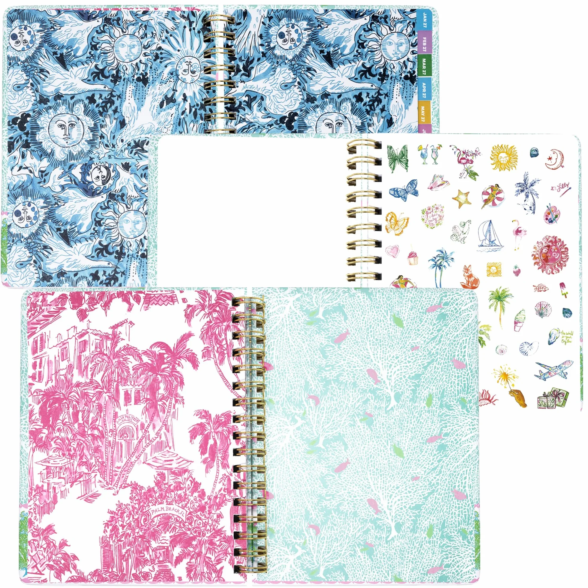 Lilly Pulitzer Grande agenda 17 mesi 17,1 x 22,5 cm, datata agosto 2026-dicembre 2027, rilegatura a spirale dorata e chiusura elastica, layout settimanali e mensili, adesivi, pagine di viaggio e