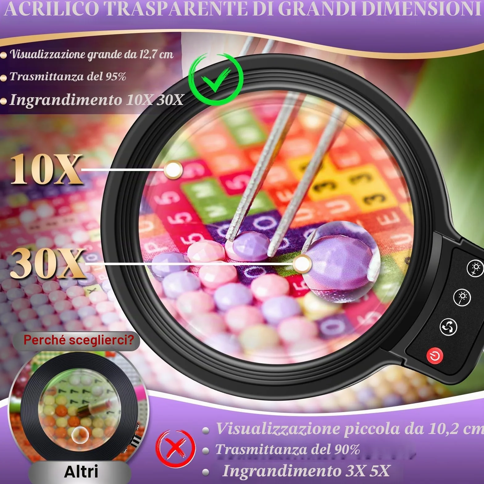 NZQXJXZ 10X 30X Lente di Ingrandimento con Luce e Supporto, Lampada di Ingrandimento Illuminata a LED, 3 Modalità Colore, Lampada da Scrivania con Lente di Ingrandimento per Lettura, Hobby Artigianale