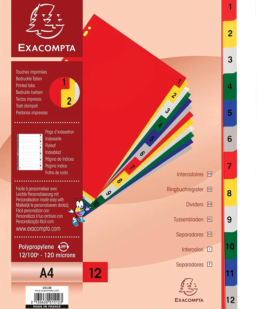 Exacompta 20 divisori PP 12 tacche numeriche 1-12 a colori A4