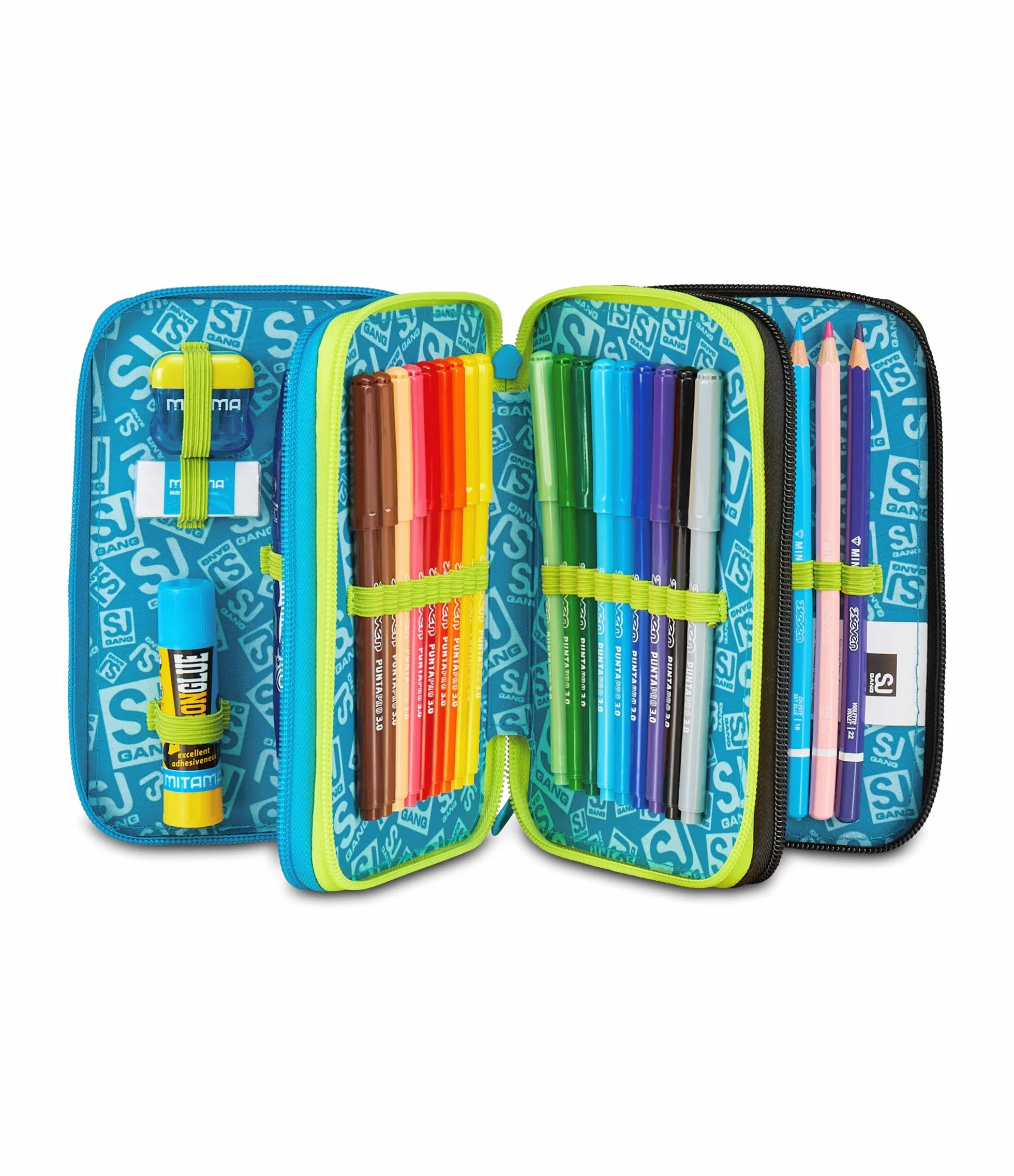 Astuccio Scuola 3 Zip Led Look Blu Portapenne Triplo Scomparto Completo