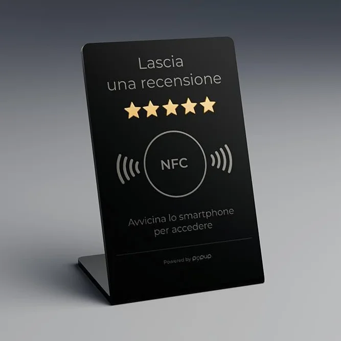 Espositore per Recensioni NFC L 20 x 15 cm PVC Nero | Compatibile Android iOS | Google TripAdvisor Trustpilot