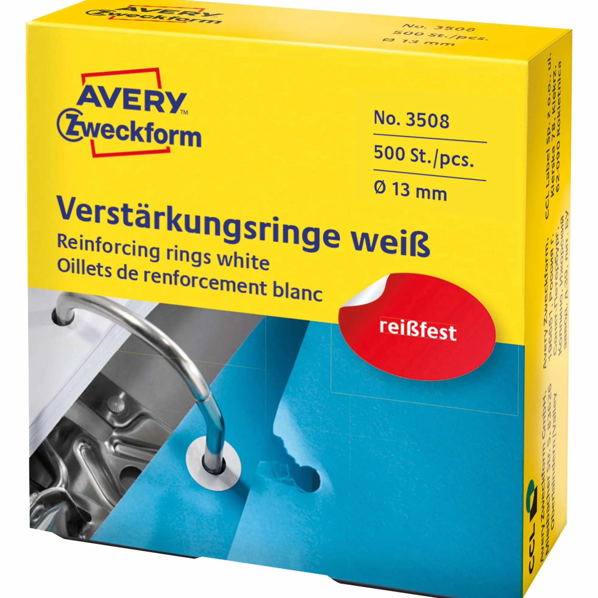 Avery Zweckform 3508 Anelli di rinforzo per fogli 13 mm, 500 sztuk, biały