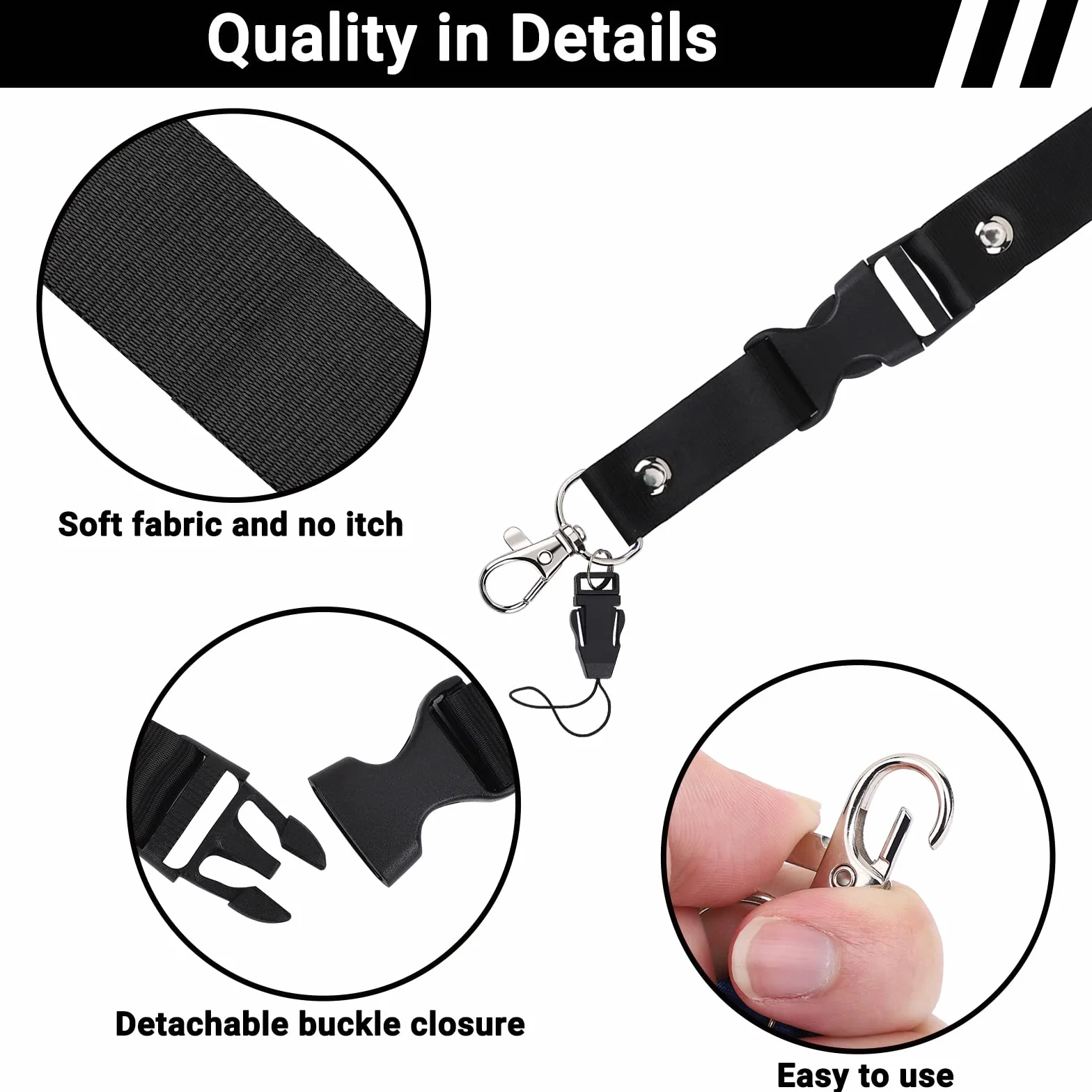 Segus Lanyard Cordino del Collo Nero 5 Pezzi con Fibbia Aragosta Rimovibile Nylon Imitazione Portabadge