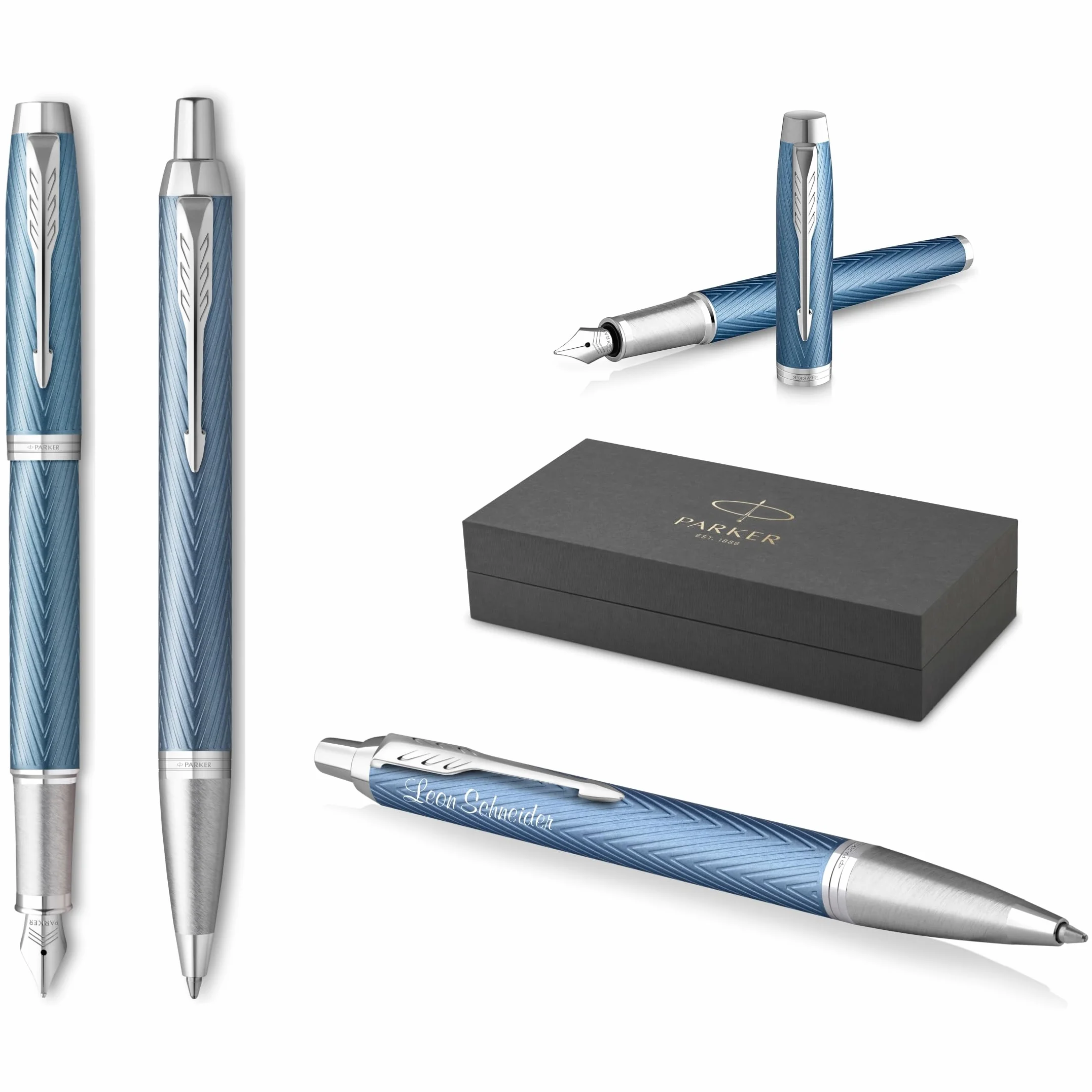 PARKER IM Premium Penna stilografica e penna a sfera con incisione | penna premium | confezione regalo | inchiostro blu | regalo personalizzato | anniversario (Blue Grey C.C.)