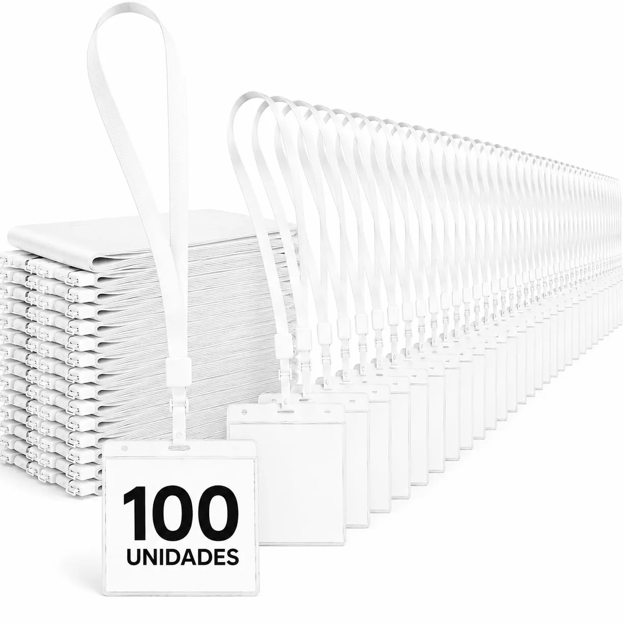 Confezione da 100 porta badge identificativi con cordino bianco e custodia trasparente da 110 x 80 mm, porta badge da appendere per credenziali, ufficio, eventi e accreditamenti (confezione da 100)
