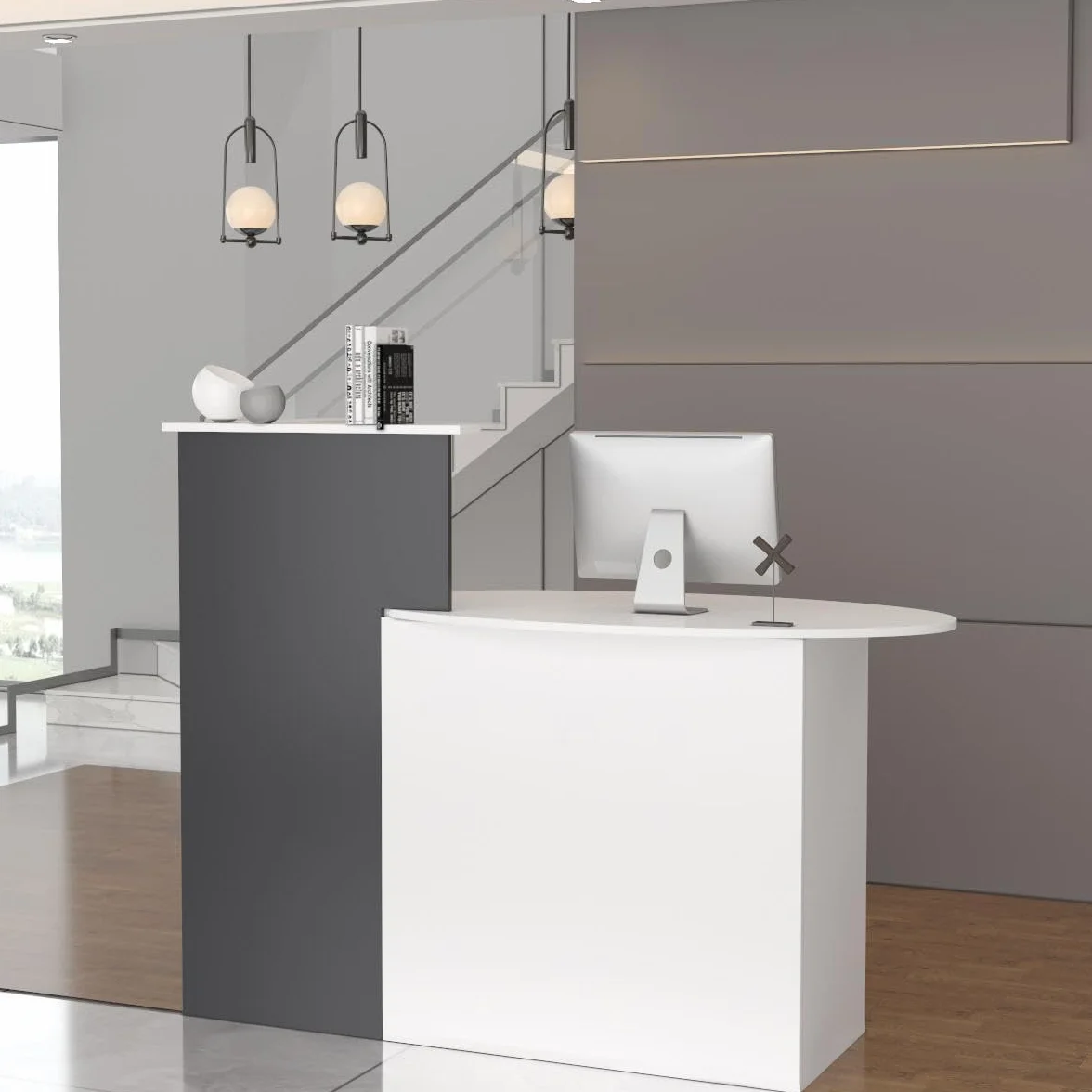 Banco reception,reception tavolo bancone, Banco reception con ripiano aperto e 1 cassetto con serratura, banco reception ufficio bancone, MDF, 40 x 121 x 110cm, Bianco, Grigio Scuro