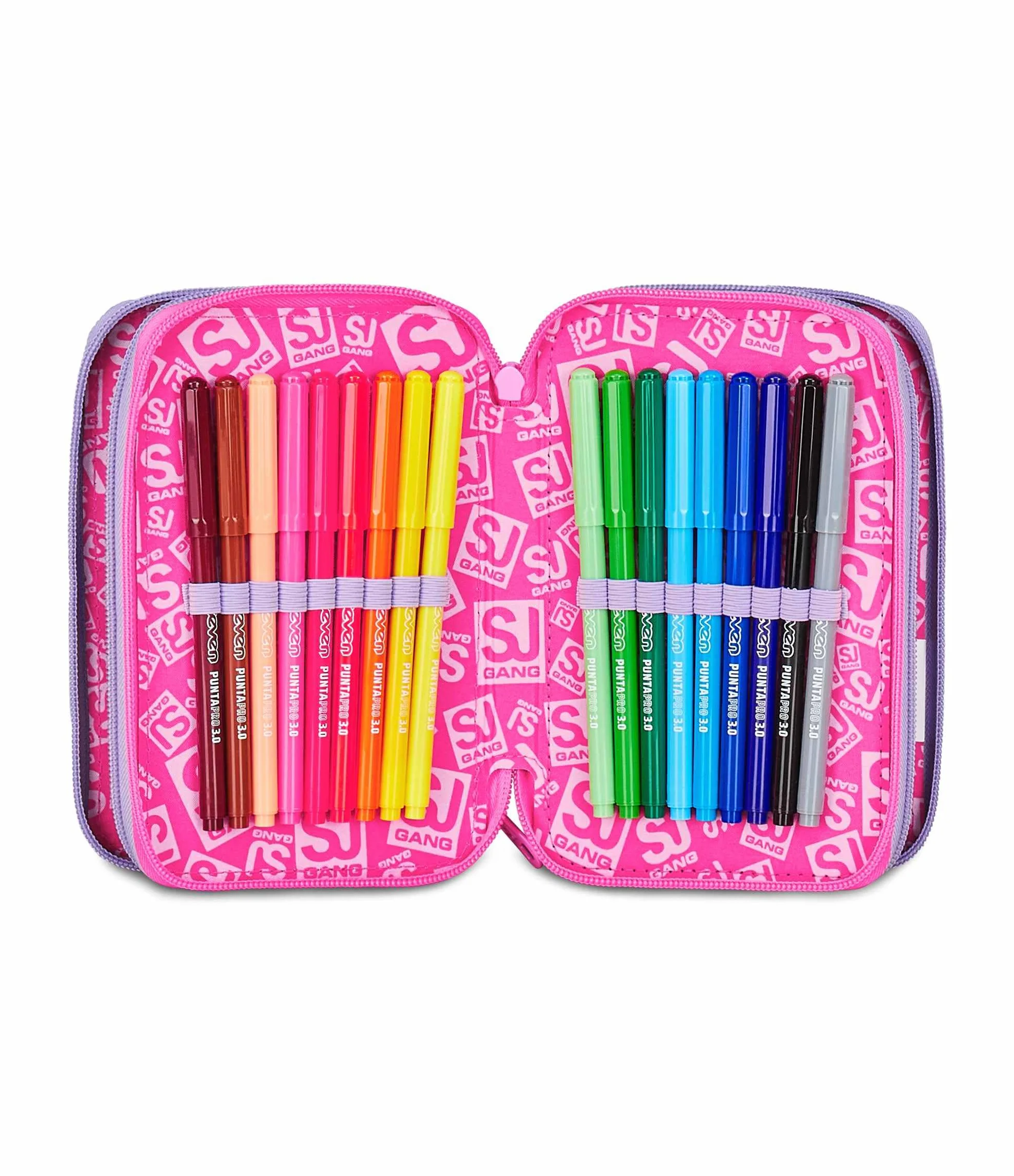 Astuccio Scuola 3 Zip Fucsia Portapenne Triplo Scomparto Completo Penne Matite Colori