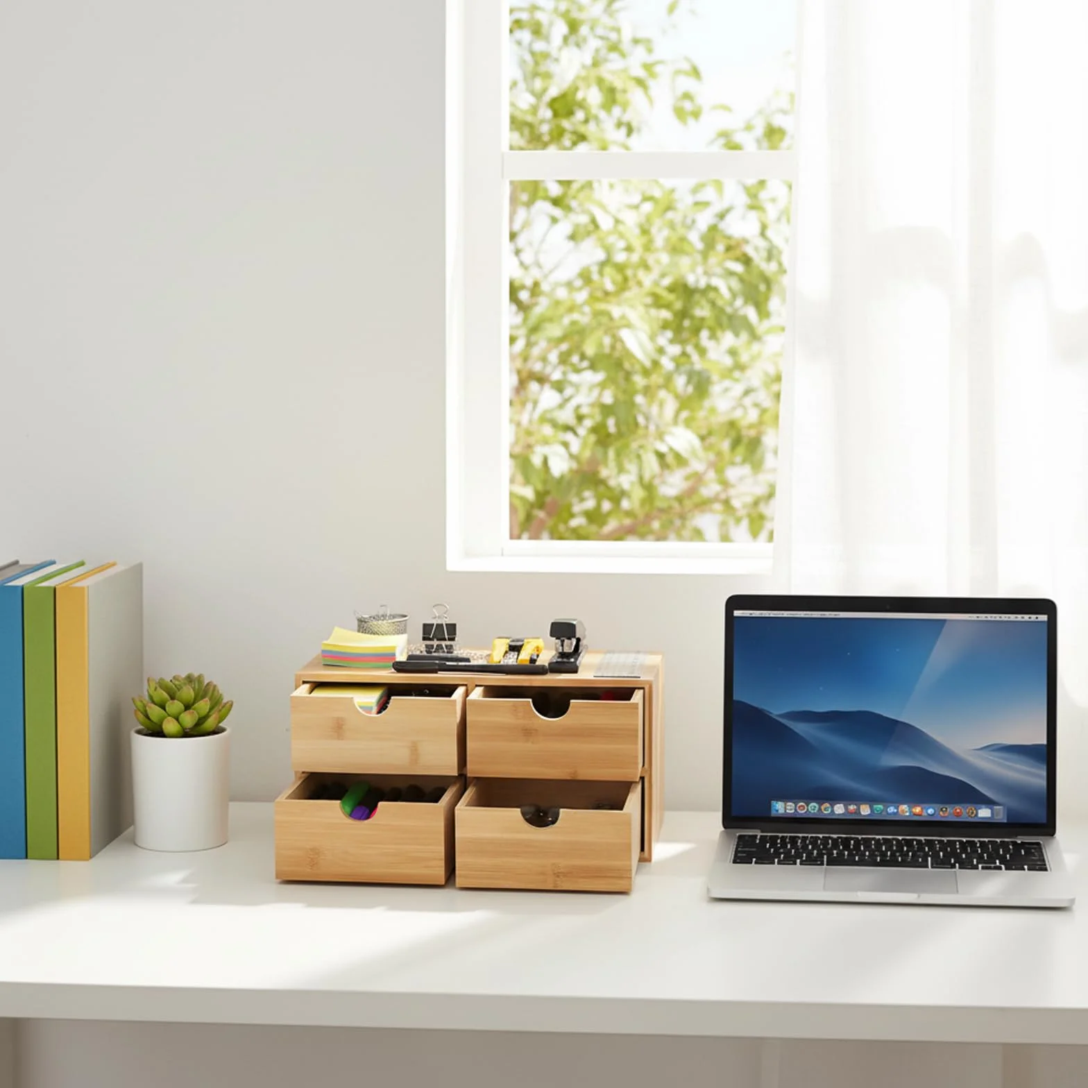 Scatola portaoggetti in legno con 4 scomparti, 33 × 19 × 16 cm, grande organizer da scrivania, adatto per soggiorno, camera da letto, studio, uffici e case per studenti