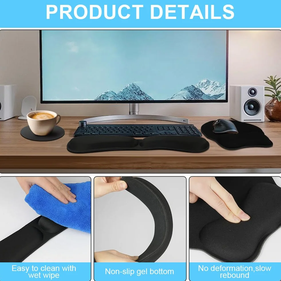Tappetino per Mouse e Tastiera con Poggiapolsi Memory Foam Antiscivolo 3 in 1