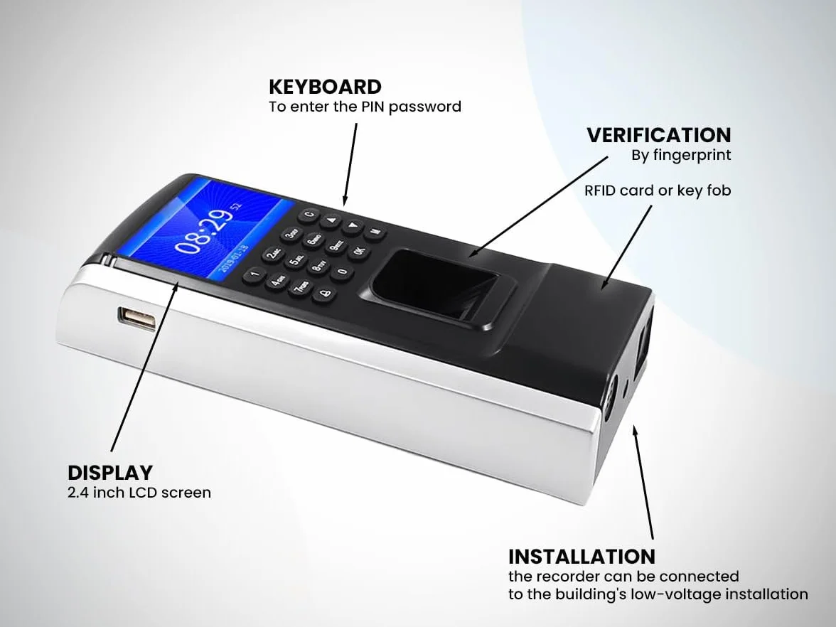 HDWR CTR12 Macchina per La Rilevazione Delle Presenze, Sistema Biometrico Avanzato di Impronte Digitali, Rilevatore Presenze Dipendenti, Password e Scheda RFID da 125 kHz