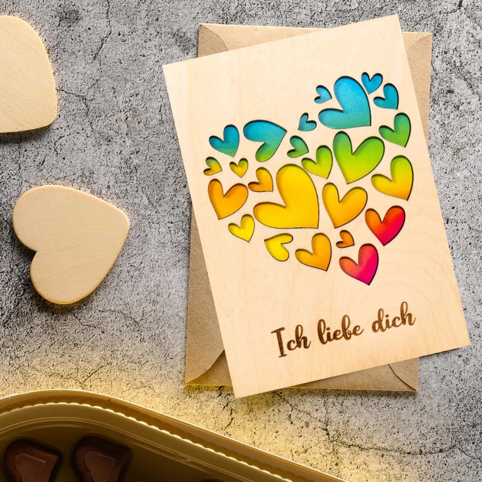 Biglietto di San Valentino in legno di betulla, regalo romantico tagliato al laser
