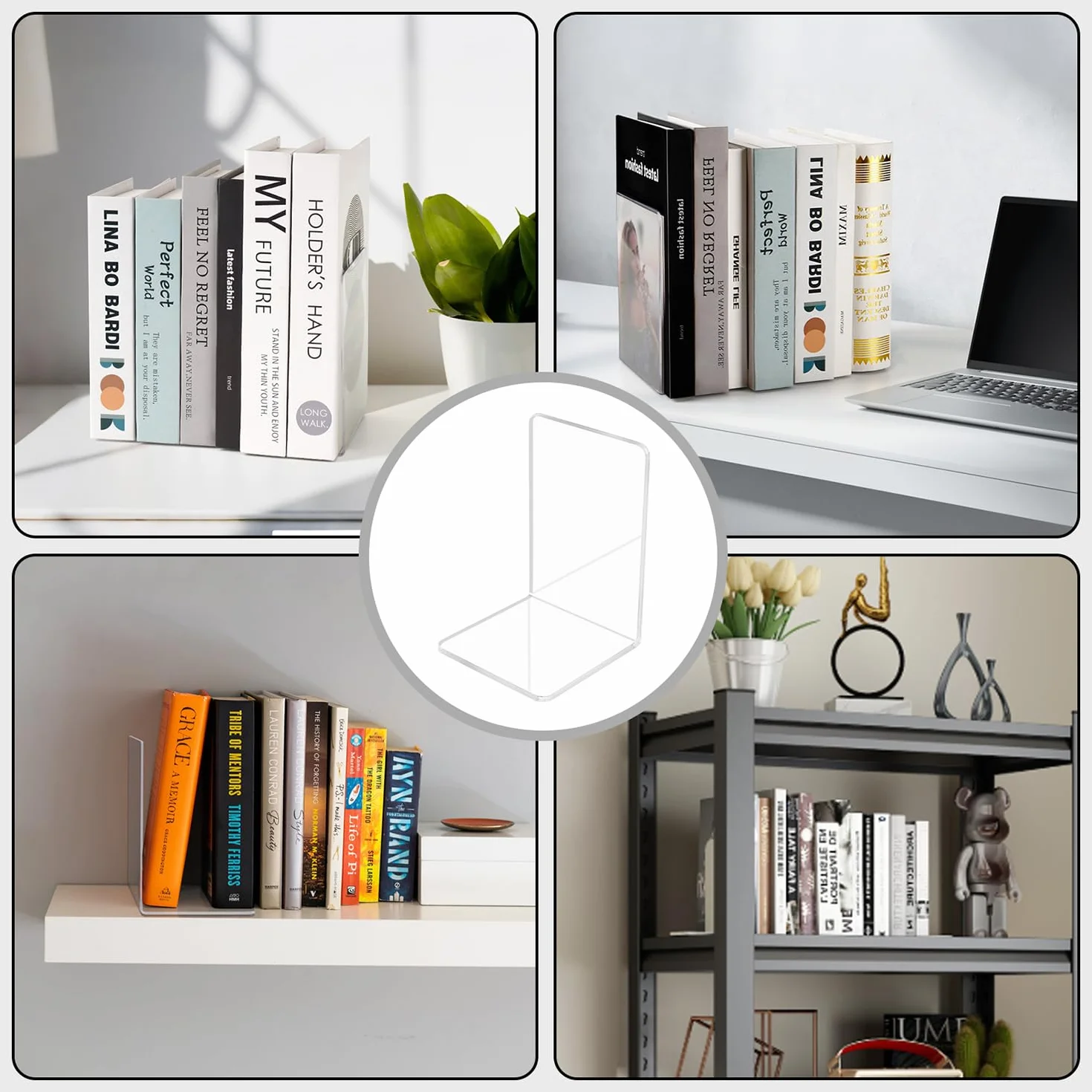 Fermalibri per Mensole Trasparente, Grande e Rinforzato, Ferma Libri per Libreria, Reggilibri Design Semplice Stabile