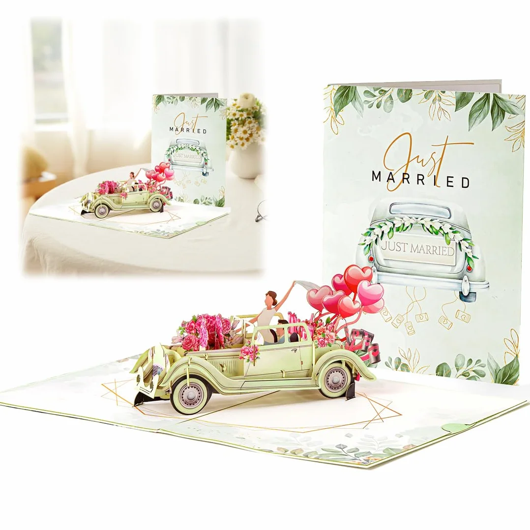 Biglietto Pop-Up 3D Auto Just Married per Matrimonio, Elegante Regalo Denaro per Nozze