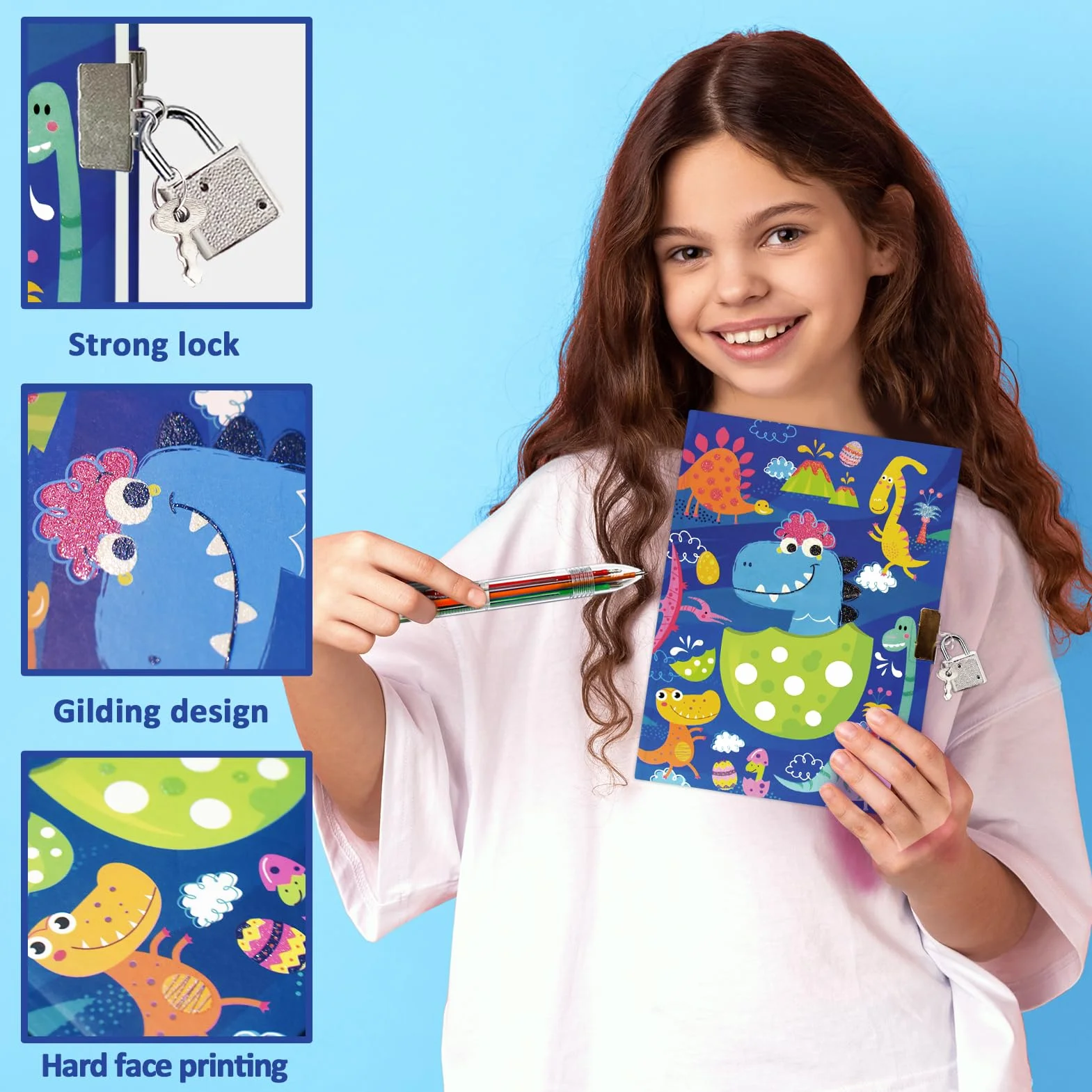 Zestaw Diario Segreto Bambino Blu Dinosauro z Lucchetto, Penna 6 Kolorów, Mini Notes, Righello, Temperamatite dla Dzieci 6-10 Lat