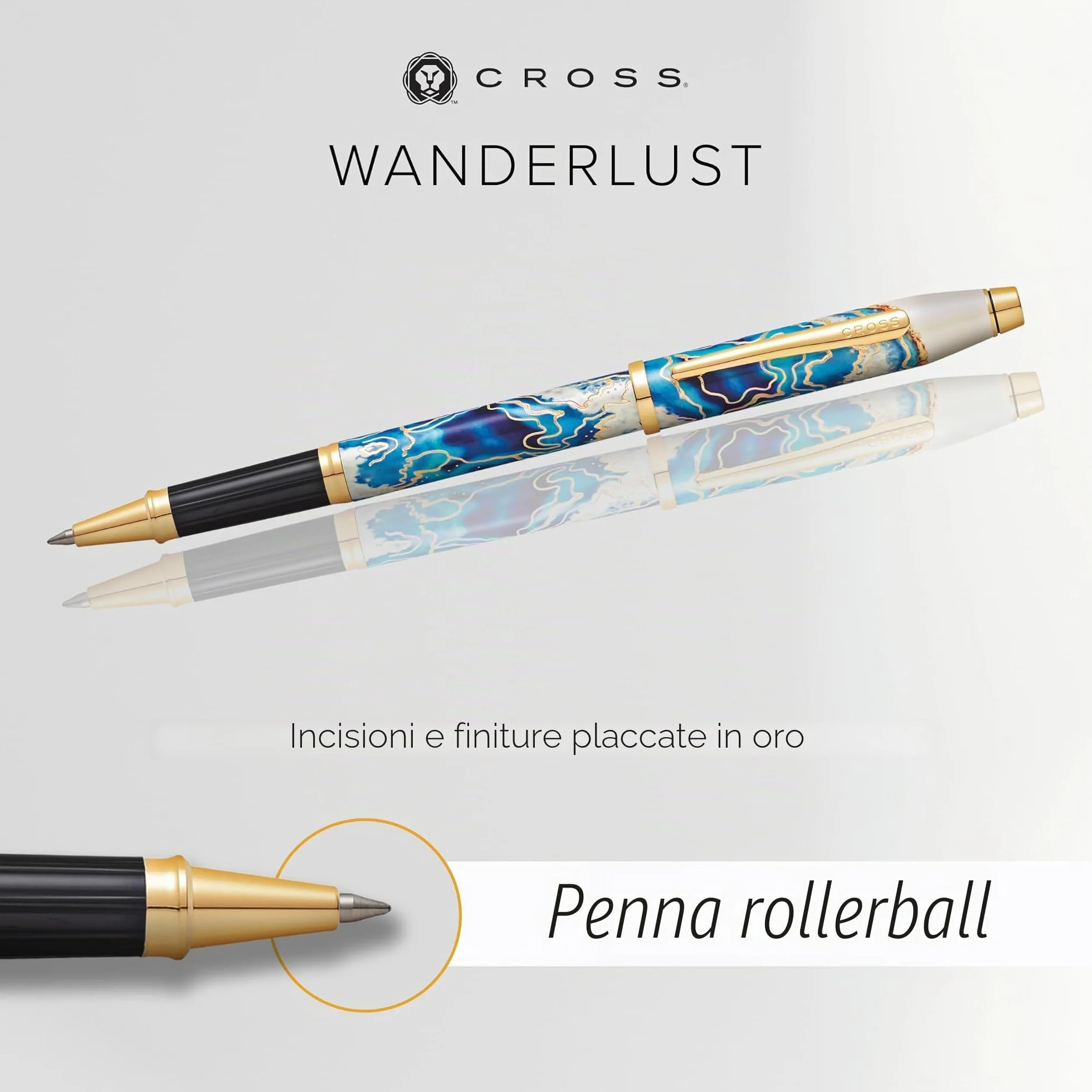 CROSS Wanderlust - Penna roller ricaricabile con tappo a scatto, in metallo, con appuntamenti placcati oro 23 carati, punta a sfera media, include confezione regalo premium e cartuccia nera, 1