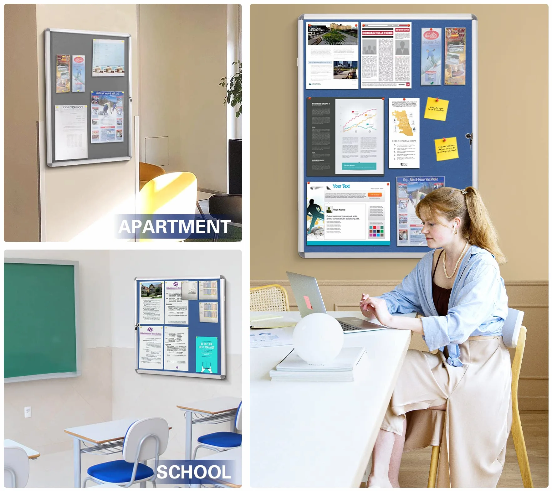 Swansea, bacheca in tessuto grigio con serratura, bacheca in vetro, per parete, ufficio, scuola, 67 x 72 cm (6 x A4)