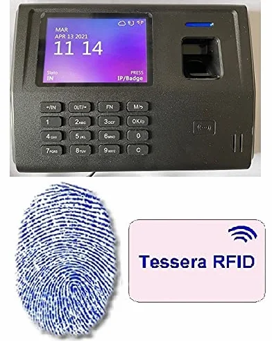 RILEVATORE PRESENZE MARCATEMPO, 40 BADGE E ISTRUZIONE SOFTWARE IN TELEASSISTENZA PER 4 MESI DEL VALORE DI € 320, IMPRONTA DIGITALE+RFID, WEBSERVER, SOFTWARE IN ITALIANO. VENDUTO DA AZIENDA ITALIANA