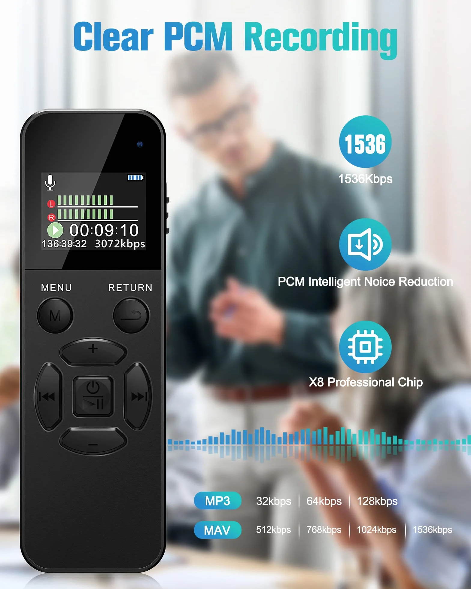 64GB Registratore Vocale Professionale, Registratore Audio con Attivazione Vocale e 35 Ore di Registrazione, Registratore con Riproduzione per Riunioni Interviste Lezioni