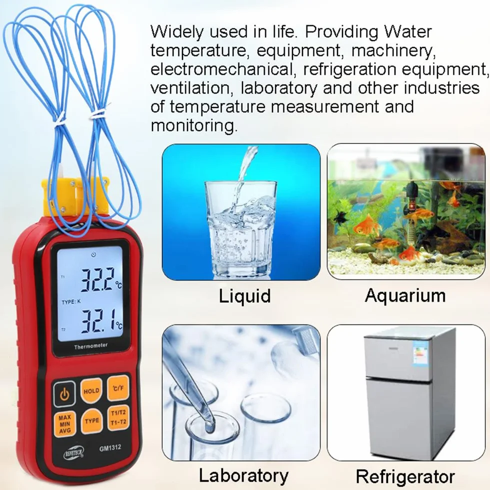 ThreeH Termometro digitale a doppio canale LCD retroilluminato con sonde termocoppia tipo K per K/J/T/E/R/S/N