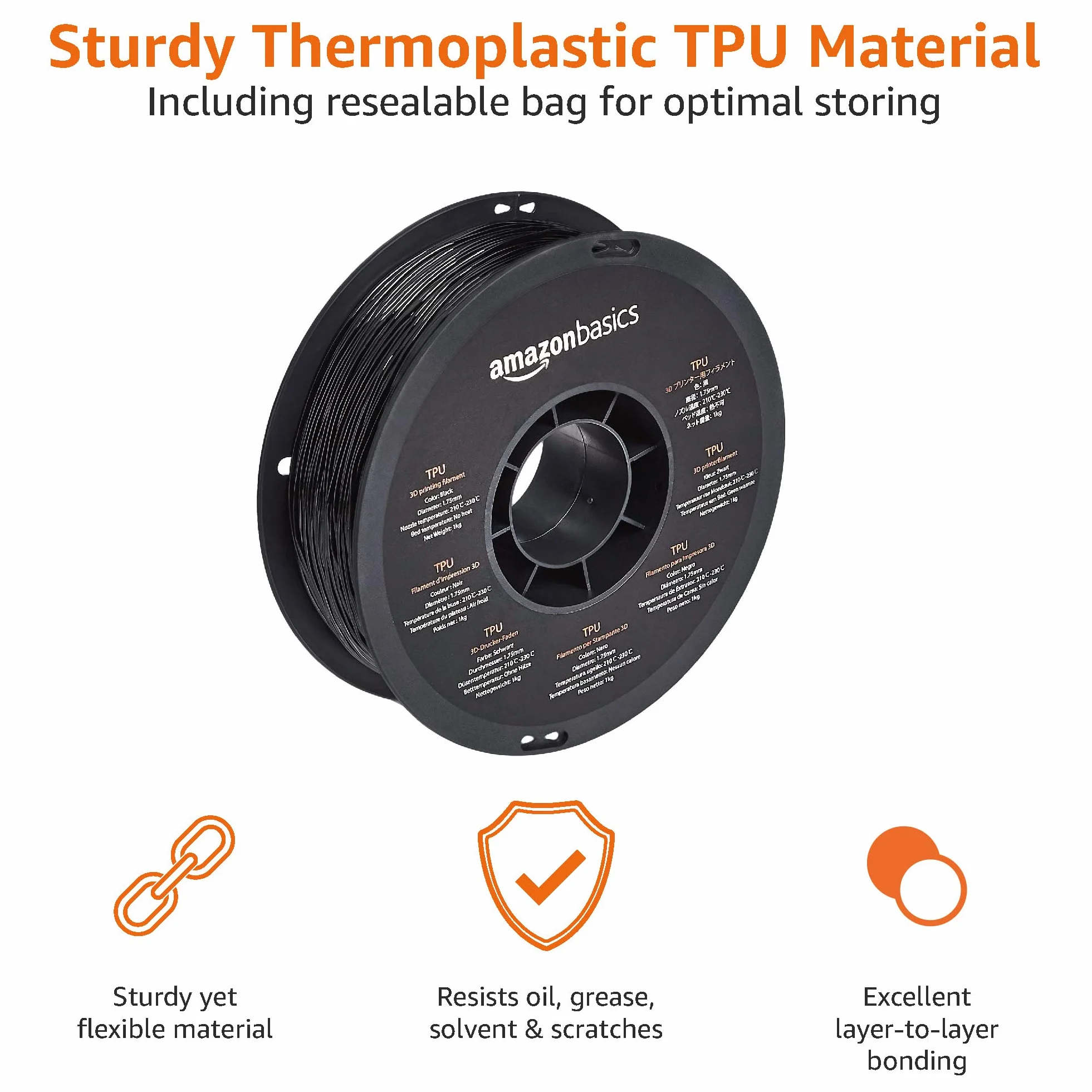 Amazon Basics Filamento TPU 1.75 mm nero 1 kg per stampanti 3D