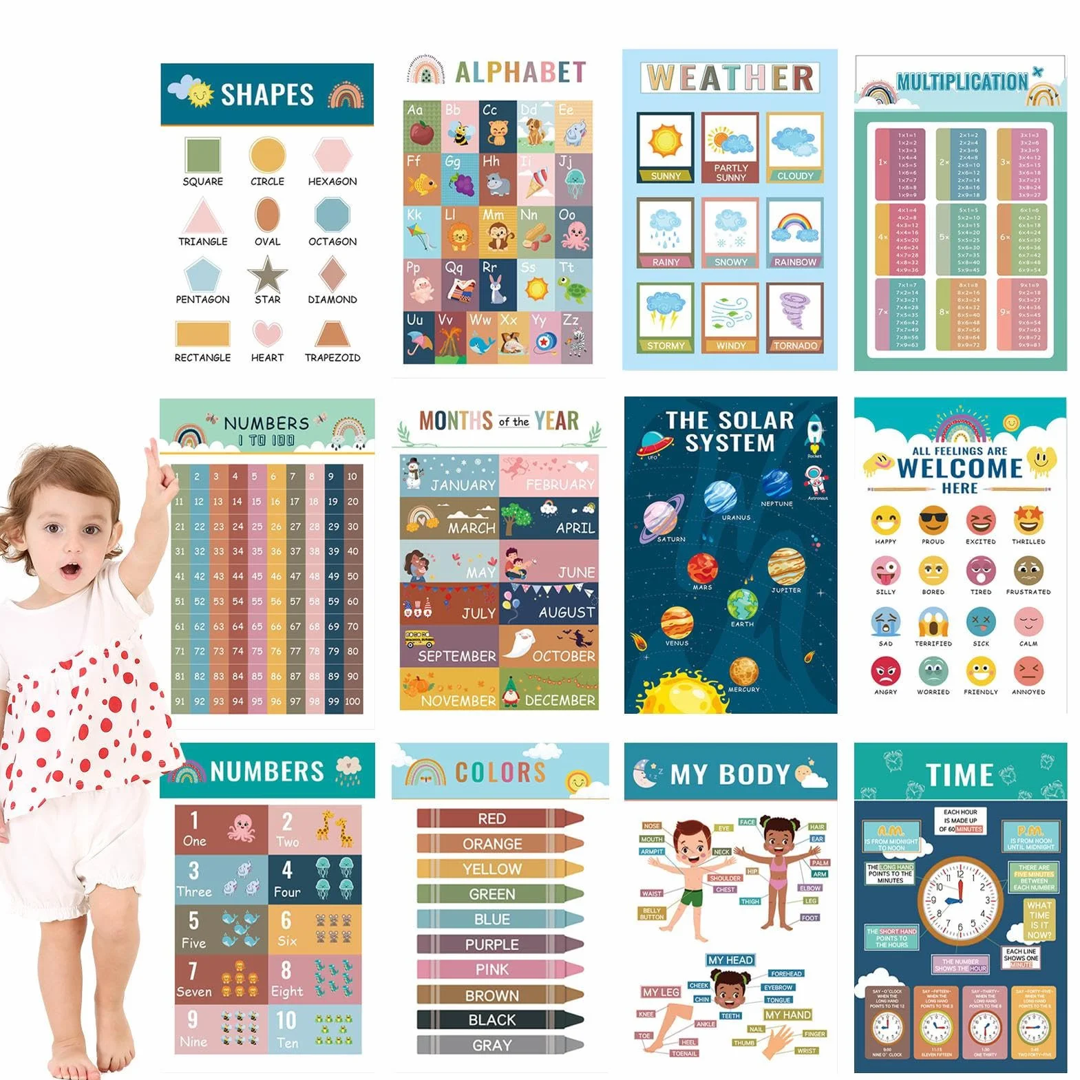 Poster educativi 40,2 x 40,2 cm set di 12 stampe con numeri e lettere per bambini in età prescolare