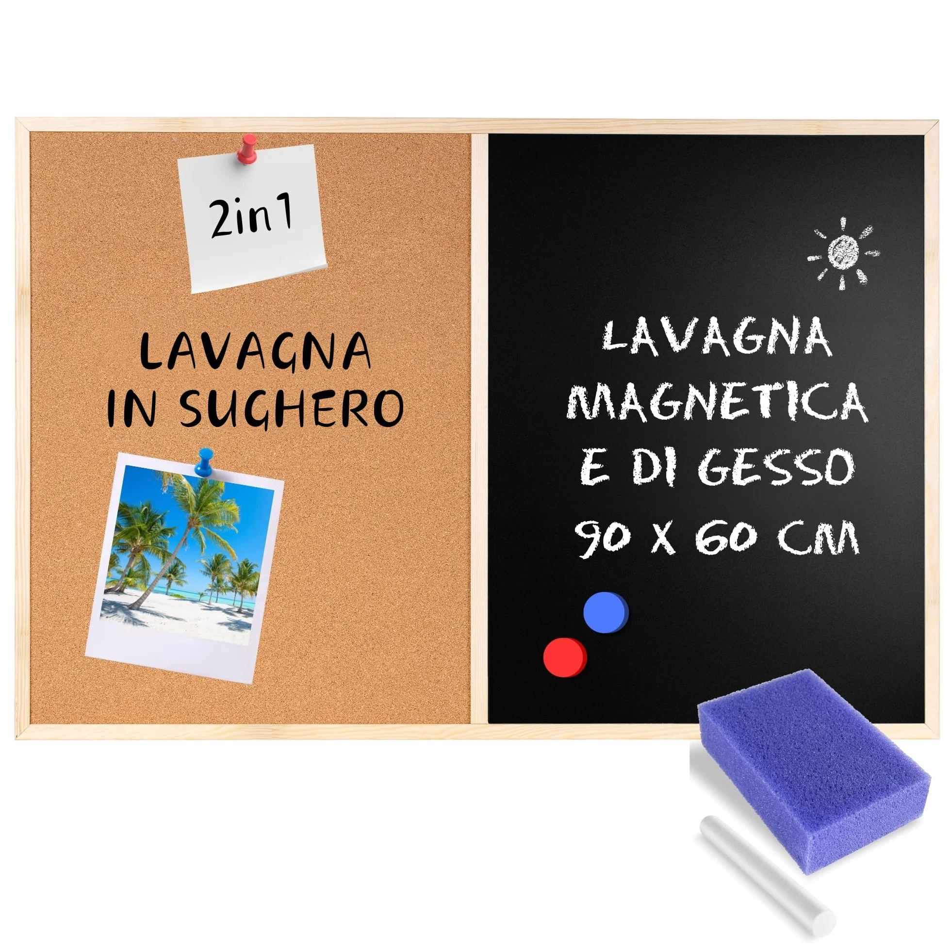 Creative Home Lavagna metà Sughero metà Magnetica 90 x 57 cm, anche Lavagna per Gesso | Cornice in Legno + 5 Magneti, Gesso, Spugna e Puntine | Bacheca Cucina da Parete per Ristorante, Scuola, Casa