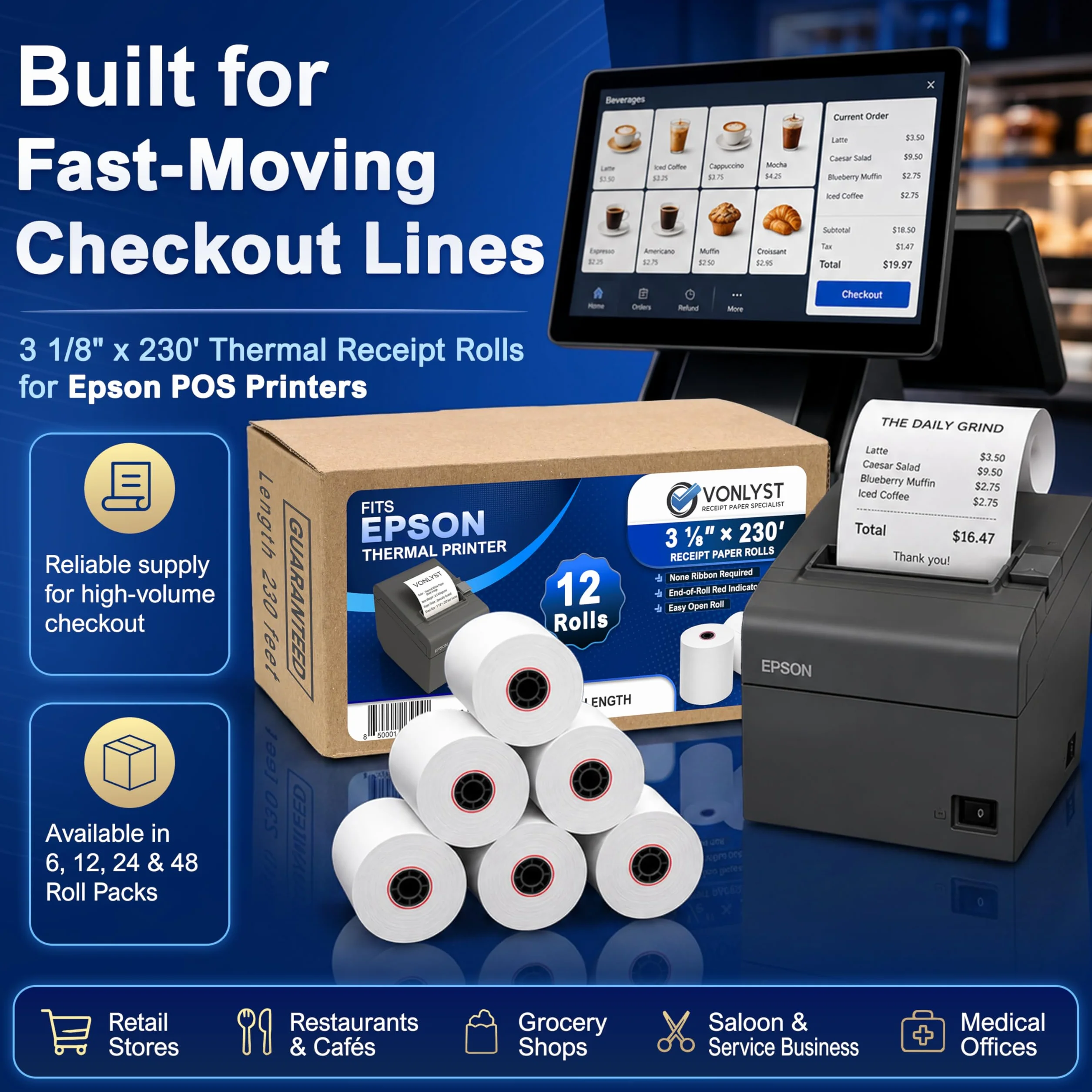 Rotoli termici POS per stampanti Epson, senza BPA, compatibili con TM-T88, TM-T70, TM-T80, TM-T85, TM-H6000, T90, per macchine per carte di credito e stampanti POS, confezione da 12