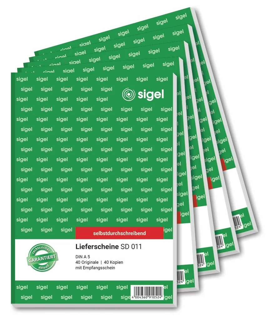 SIGEL SD011 - Confezione da 5 bolla di consegna, formato A5, 2 x 40 fogli, autocopiante, con ricevuta microforato, in carta sostenibile