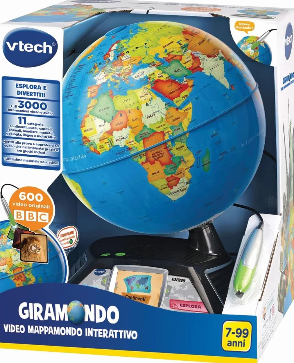 VTech Giramondo Video Mappamondo Interattivo Bambini con Penna Touch 2.7" 600 Video BBC Giochi Educativi Quiz Lingua Italiana 7-99 Anni