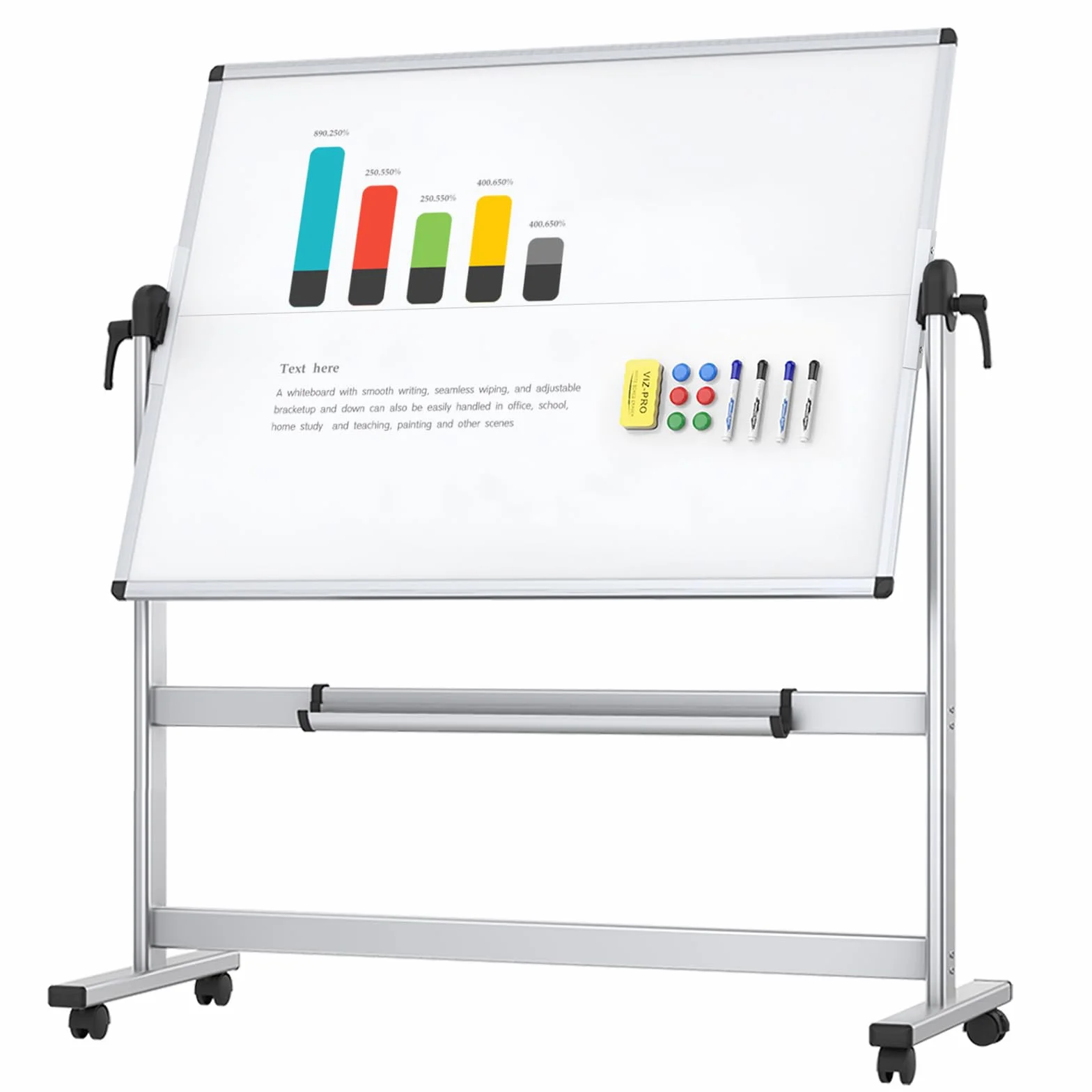VIZ-PRO Lavagna bianca mobile bifacciale, 120 x 90 cm, lavagna bianca magnetica con rotella cancellabile a secco su ruote, telaio in alluminio e supporto