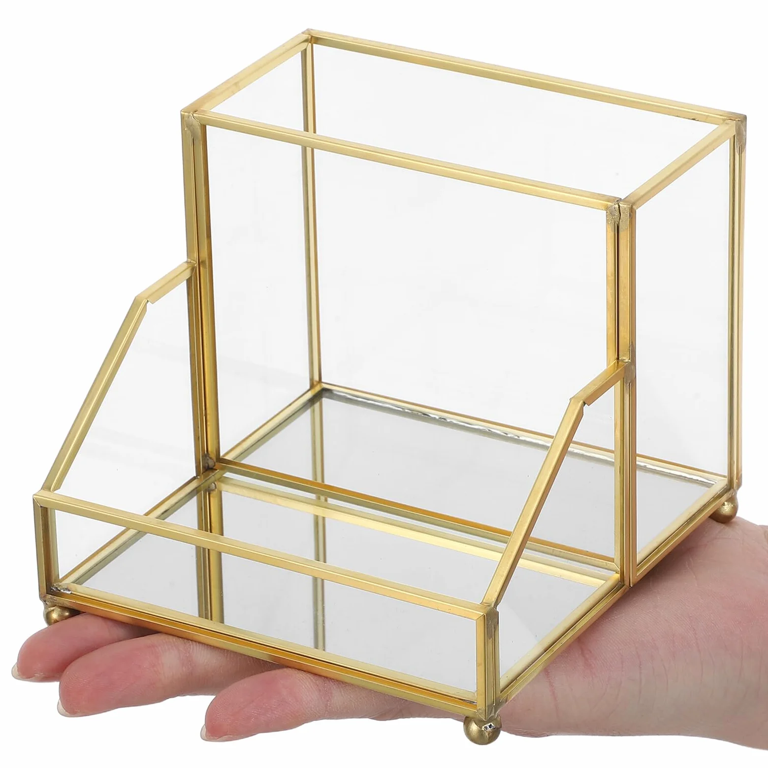 Scatola Porta Biglietti da Visita con Bordo Oro, Organizer Elegante | Vetro e Ferro, Formato Verticale da Tavolo, per Ufficio e Riunioni, Scambio Rapido delle Carte