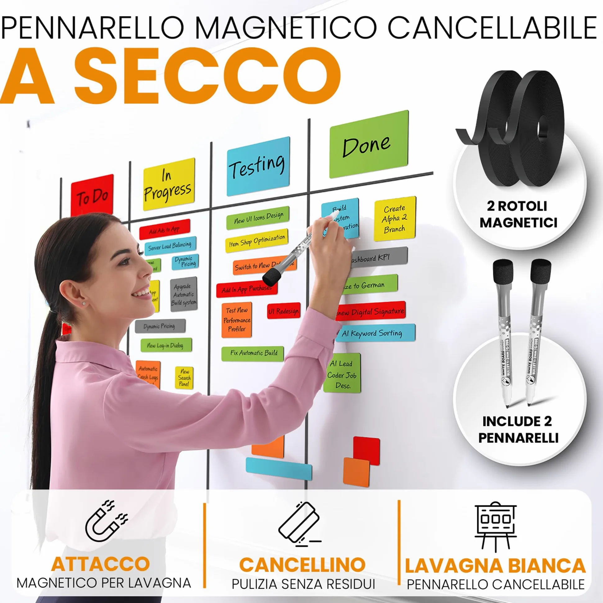 424 Etichette Strisce Magnetiche Scrivibili - Set 5 Dimensioni | 6 Colori - Accessori Scrum & Kanban - Magneti Scrivibili - Per Lavagne Magnetiche, Frigoriferi