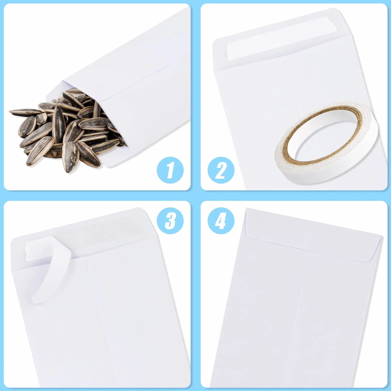 Buste di Carta con Nastro Biadesivo 10x6 cm Bianco 100 Pezzi per Monete Perline Francobolli