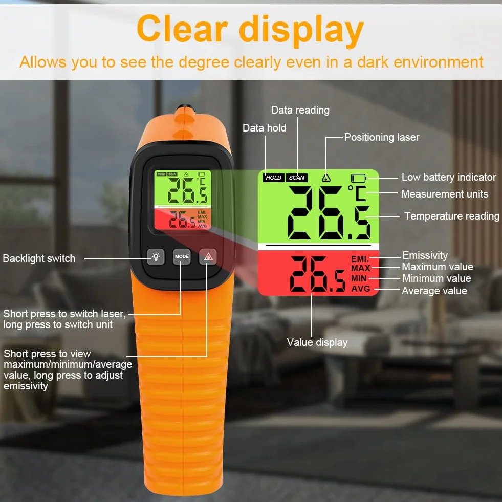 Termometro Infrarossi -50°C ~ 550°C Digitale Laser Senza Contatto Emissività Regolabile per Cucina Forno BBQ