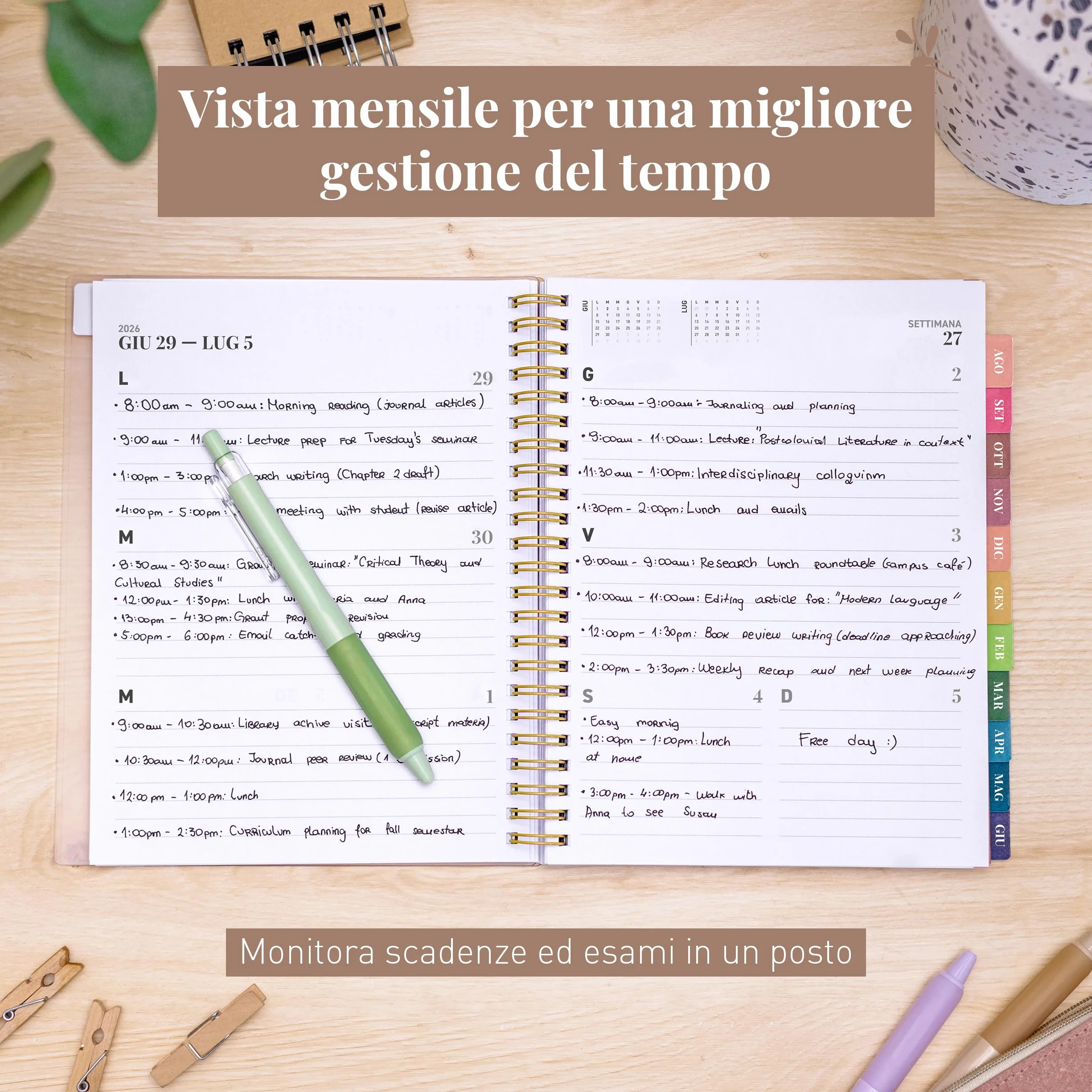 Rileys Agenda Accademica 2026–2027 Settimanale con Giornaliera Planner Scuola Lavoro 20x15 cm Verde Italiano