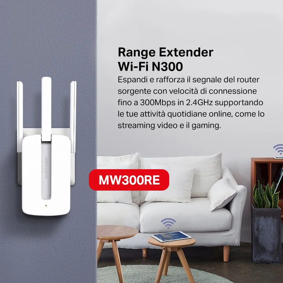 TP-Link Mercusys MW300RE Ripetitore Wireless WiFi Extender Access Point 300 Mbps Single Band Tre Antenne Mimo