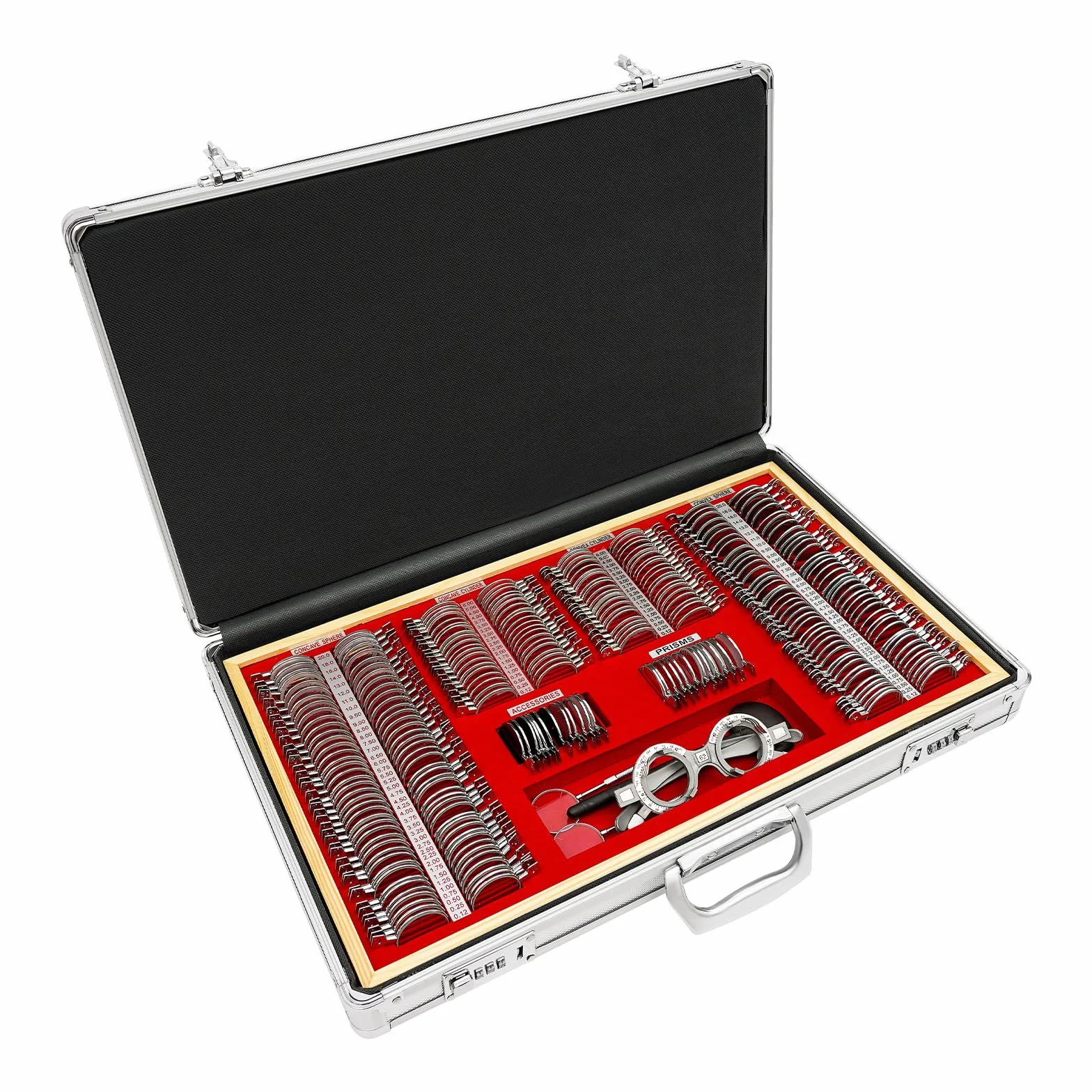 Set di 266 lenti di prova, in metallo, optometry, ottiche, lenti ottiche, con bordo in metallo, per ottometristi e uso domestico per esaminare ipermetropia, miopia, presbiopia, 57 × 36 × 9,5 cm
