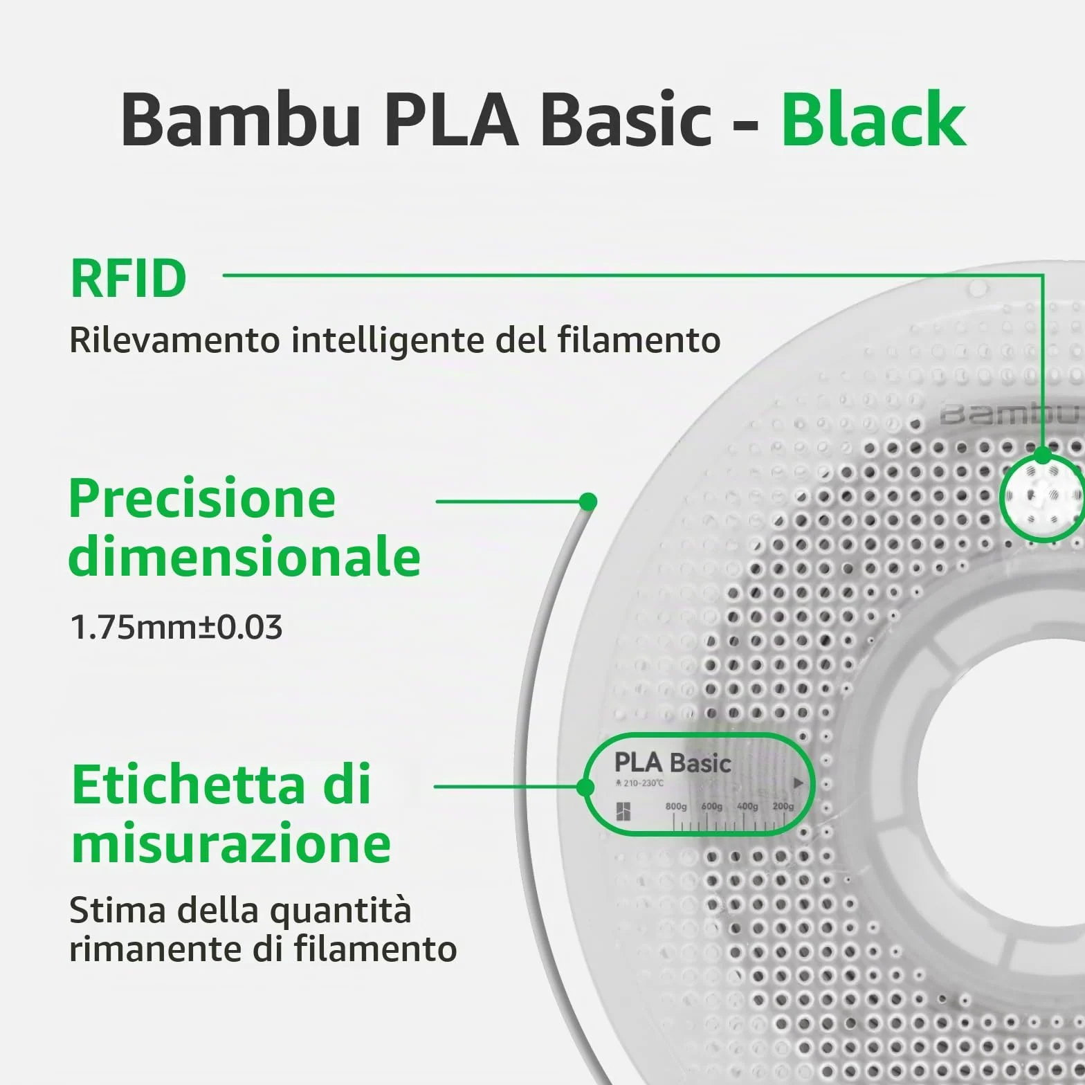 Bambu Lab Filamento PLA per Stampante 3D 1,75 mm Precisione Dimensionale +/- 0,03 mm Stampa Rapida RFID