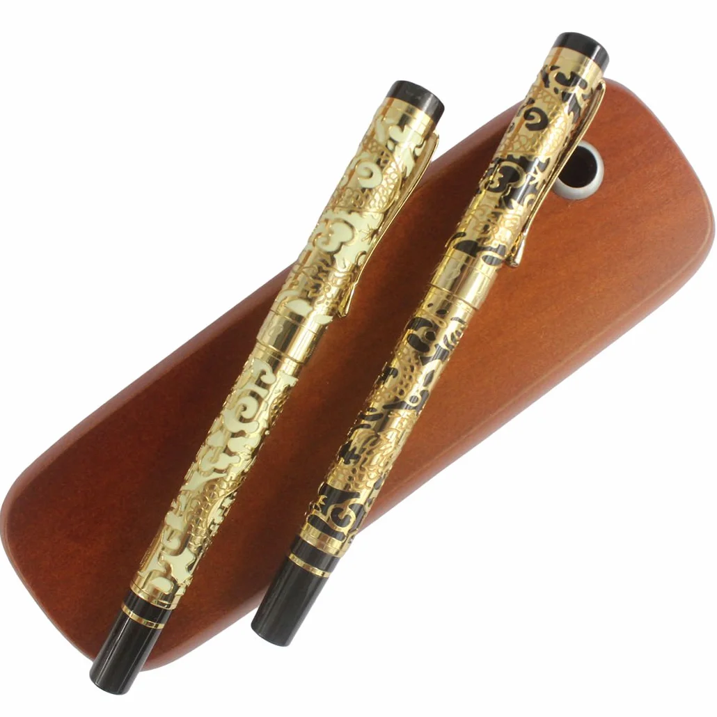 Jinhao penna stilografica e Roller penna 5000 anno di drago, drago dorato con Beige e nero + 2 bastoni di legno marrone scatola penna