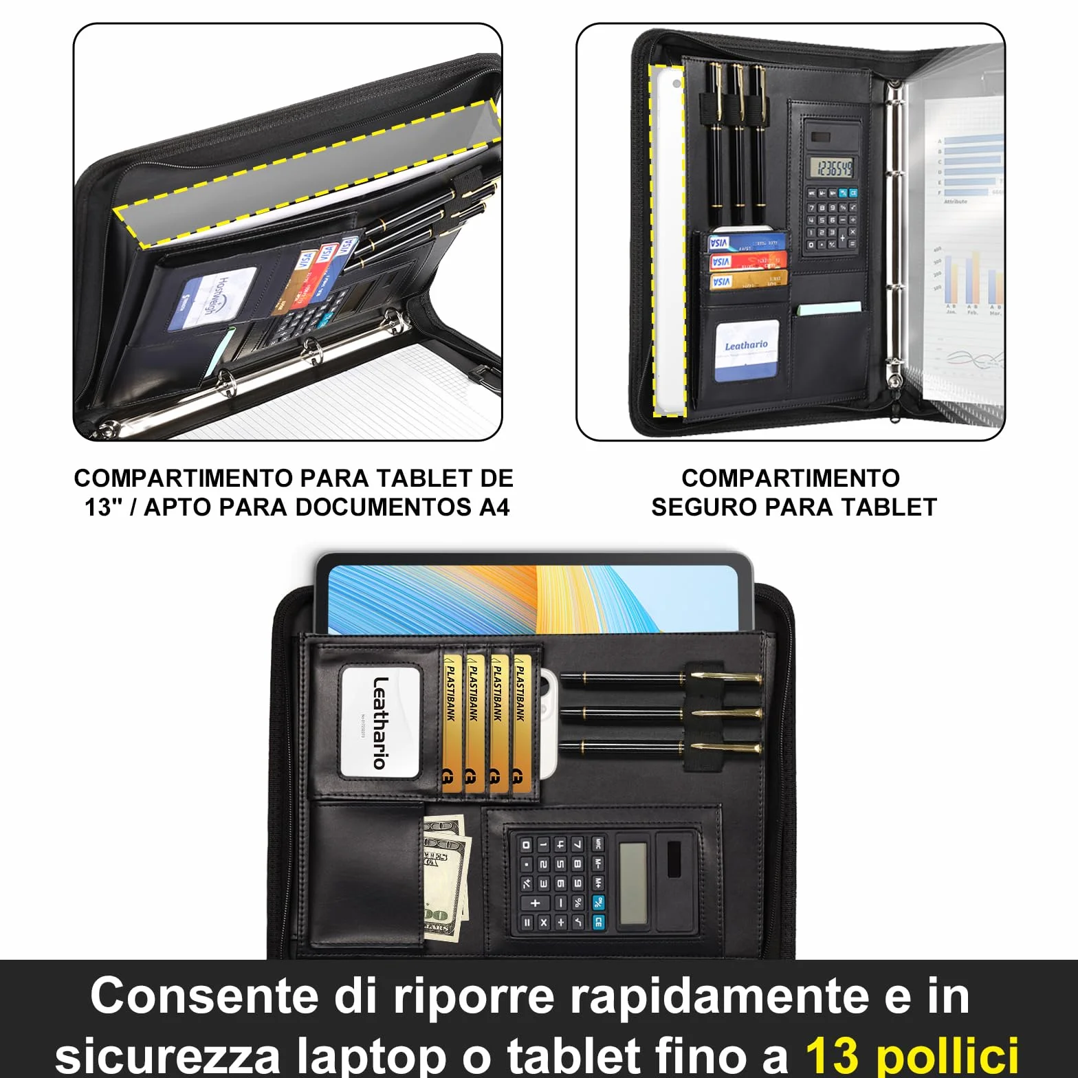 Leathario Cartella Portadocumenti A4 PU Pelle Portablocchi Organizzatore con Quaderno