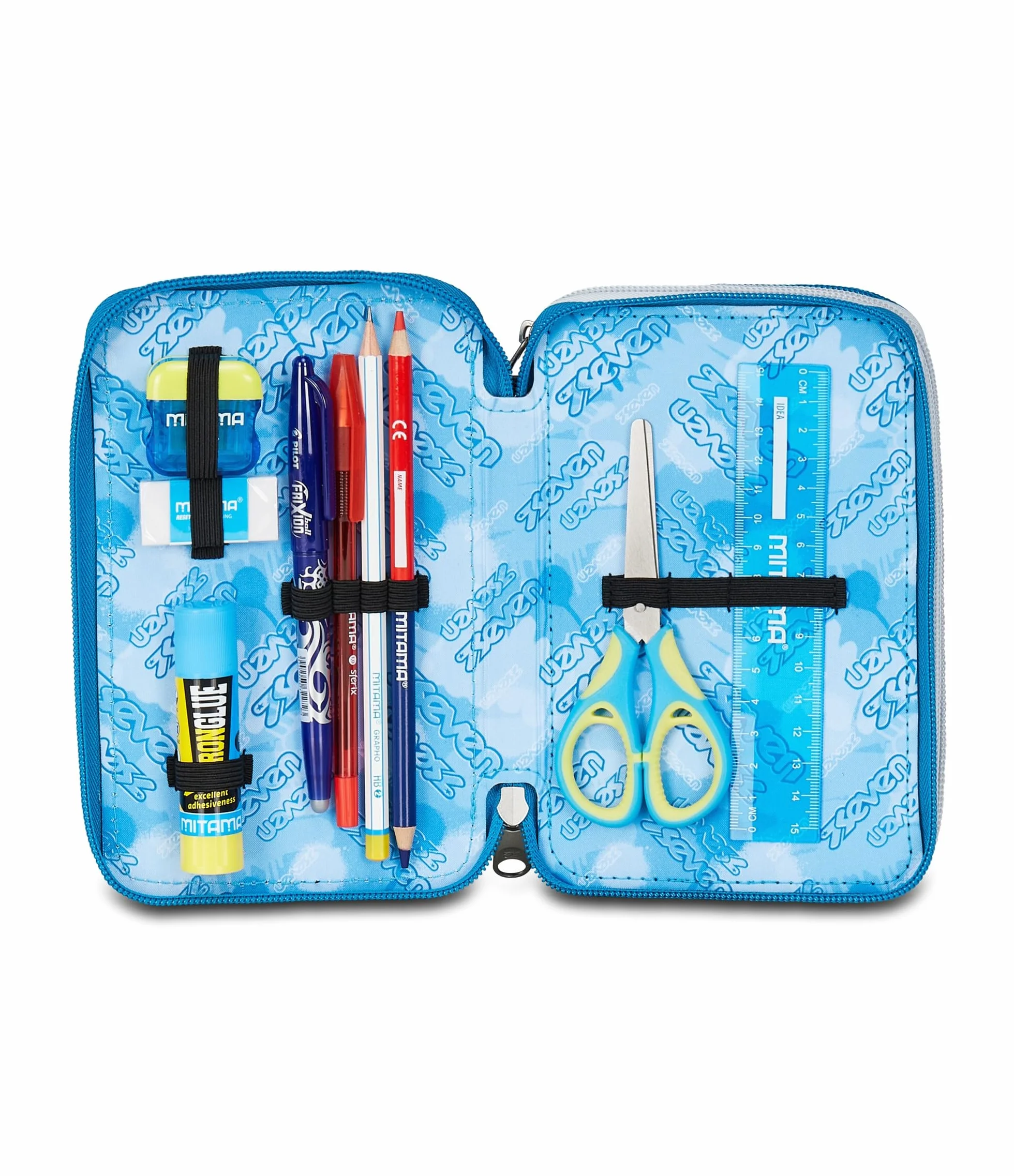 Seven Astuccio Scuola 3 Zip Portapenne Triplo Scomparto Grigio Azzurro