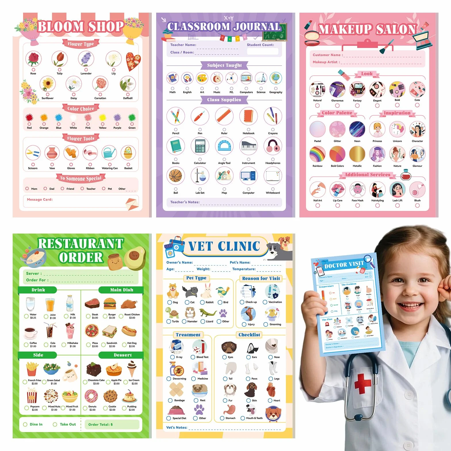 Confezione da 6 blocchi per appunti per bambini, 40 pagine per bambini, 10,2 x 15,2 cm, per giochi di ruolo fantasiosi per ragazze