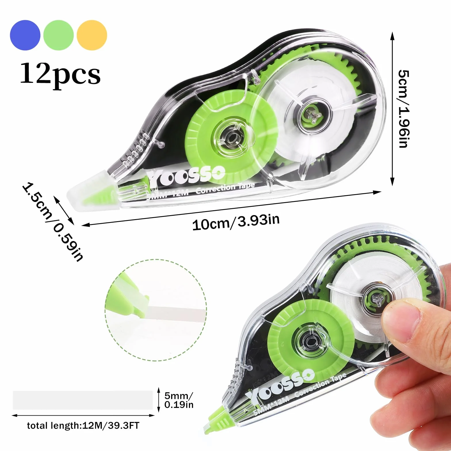 Yoosso 12 Pezzi Bianchetto a Nastro 12m x 5 mm Correttore a Nastro per Bambini Studenti Ufficio (Giallo + Blu + Verde)