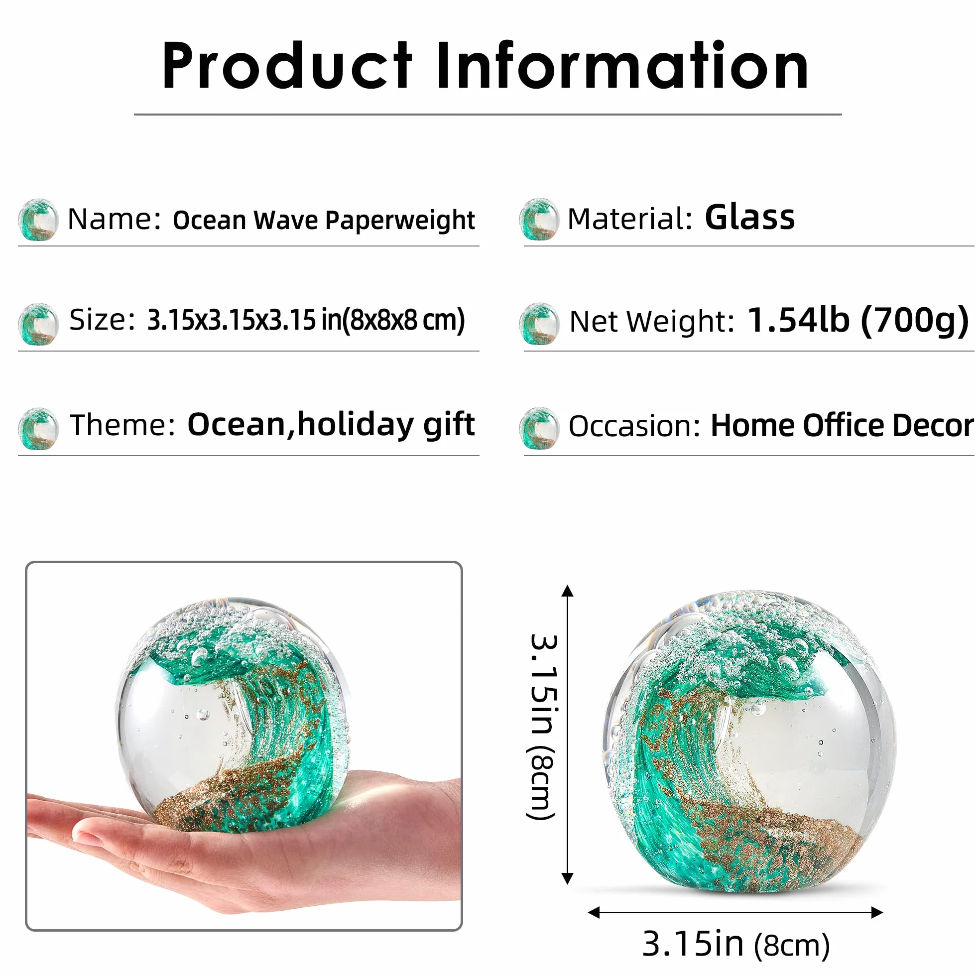 EUSTUMA Statuette in vetro soffiato a mano con onde oceaniche, fermacarte in vetro per scrivania, decorazione per la casa da collezione, per acquario e ufficio