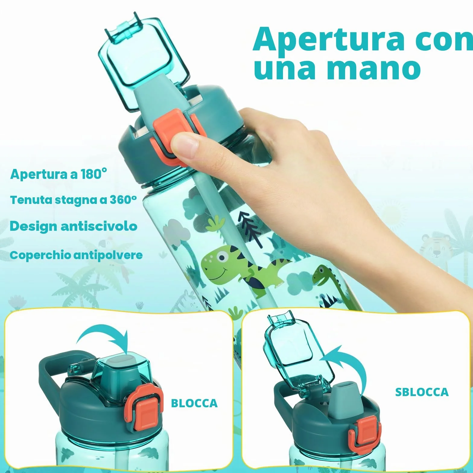 Flintronic Borraccia Bambini 600ML Senza BPA Bottiglia Acqua Cannuccia Prova Perdita Dinosauro